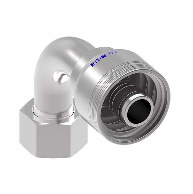 6SA16FRB16 Aeroquip by Danfoss | 6 Wire 6S Female ORS Swivel 90° Elbow (FRB) Crimp Fitting | -16 Female O-Ring Face Seal Swivel x -16 Hose Barb | Steel