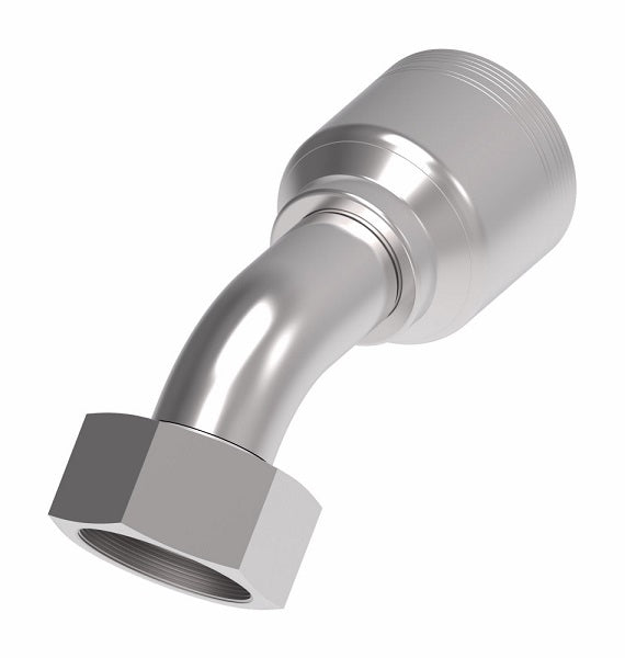 6S32DSA20 Aeroquip by Danfoss | 6 Wire 6S Female DIN 24° Seat Swivel DKO (Heavy) 45° Elbow (DSA) Crimp Fitting | S38 Female DKO/DIN 24° Seat x -20 Hose Barb | Steel