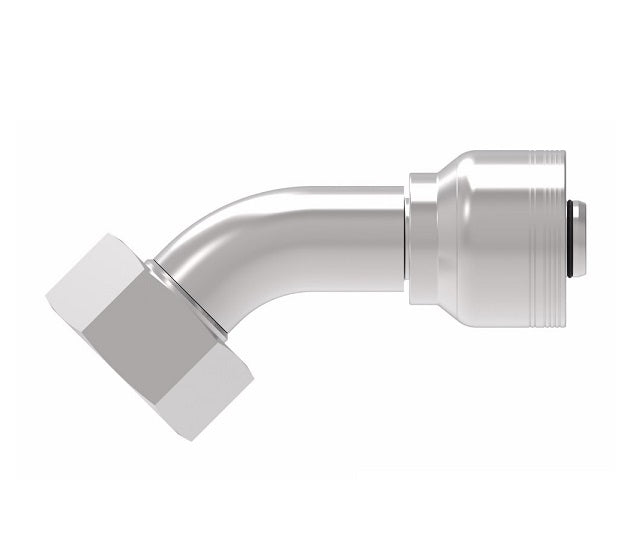 6S32DSA16 Aeroquip by Danfoss | 6 Wire 6S Female DIN 24° Seat Swivel DKO (Heavy) 45° Elbow (DSA) Crimp Fitting | S38 Female DKO/DIN 24° Seat x -16 Hose Barb | Steel