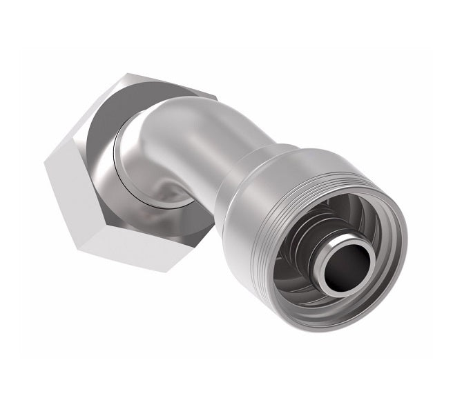 6S32DSA16 Aeroquip by Danfoss | 6 Wire 6S Female DIN 24° Seat Swivel DKO (Heavy) 45° Elbow (DSA) Crimp Fitting | S38 Female DKO/DIN 24° Seat x -16 Hose Barb | Steel