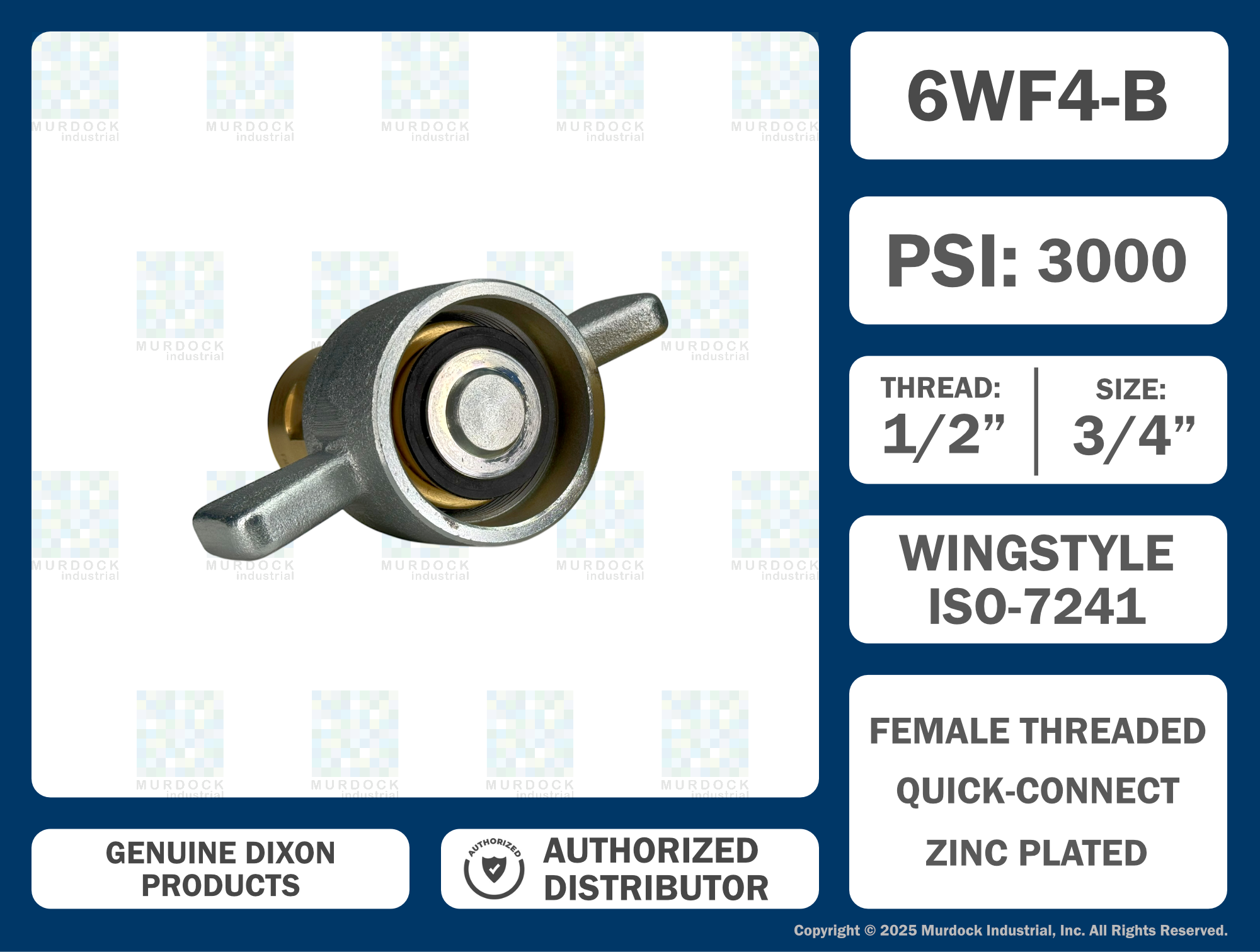 6WF4-B by Dixon Valve | Hydraulic Quick Disconnect Coupling | W-Series | 1/2" Female NPTF x 3/4" Wingstyle Interchange | Socket | Nitrile Seal | Brass