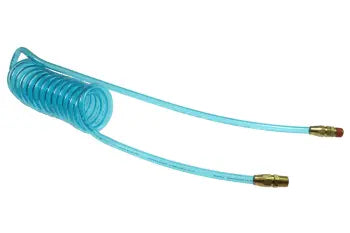 PR38-104-T by Coilhose | Flexcoil Air Hose | 3/8" Hose ID x 9/16" Hose OD | 1/4" Male NPT Reusable Rigid Fittings | Transparent Blue | Polyurethane | 10ft