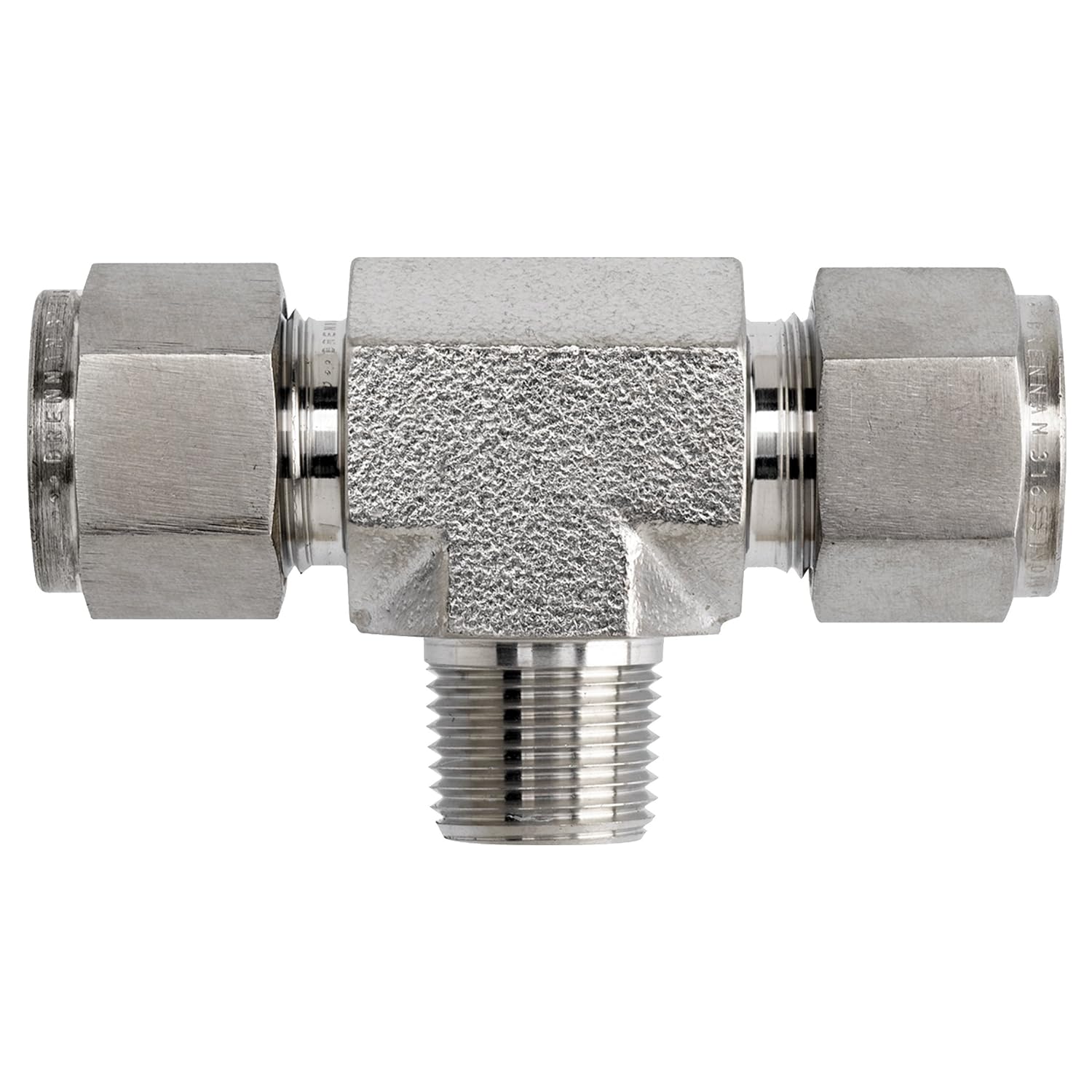 N2601-04-04-08-SS by Brennan Inc. | -04 Instrumentation Fitting x -04 Instrumentation Fitting x -08 Male NPT | Tee | Stainless Steel