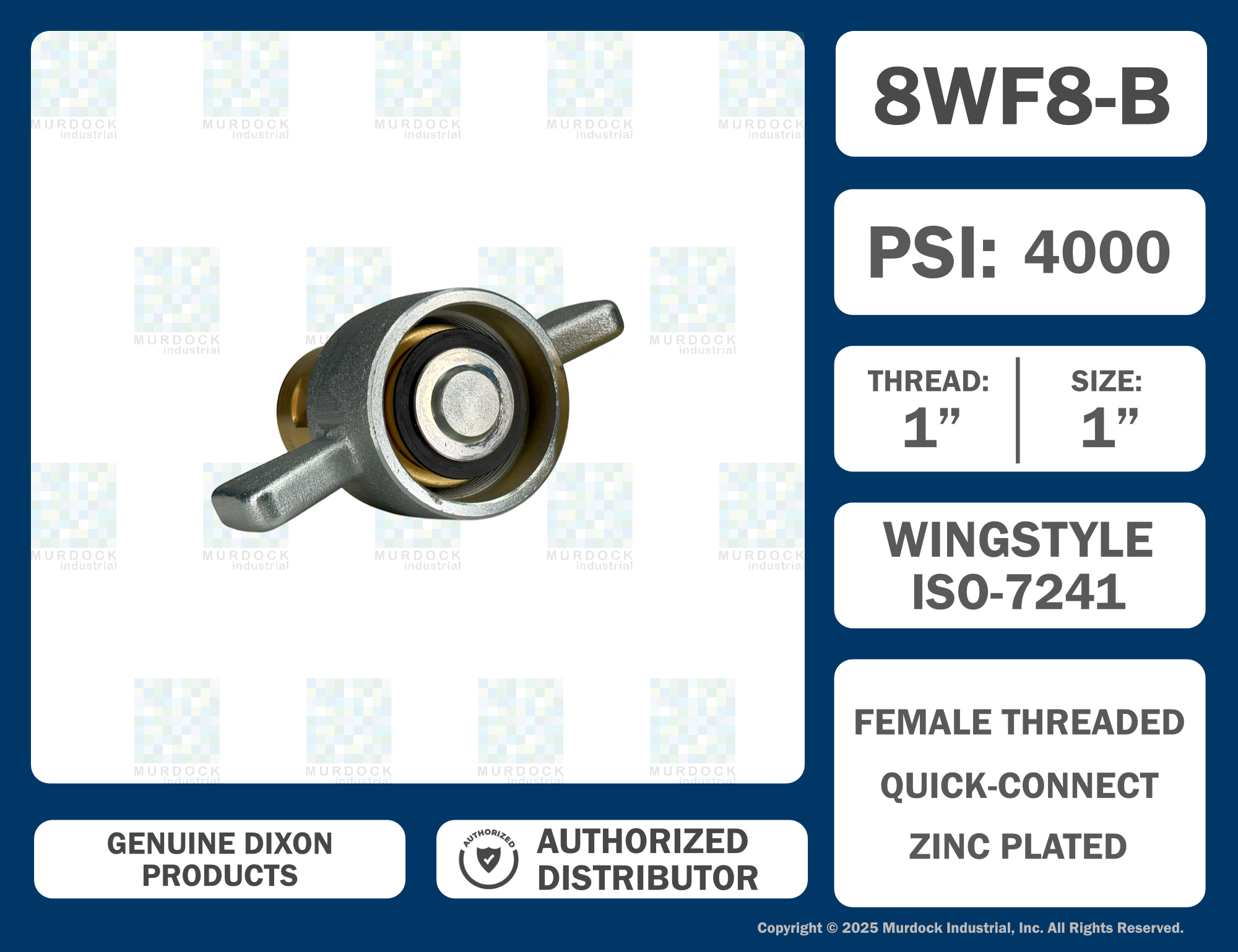 8WF8-B by Dixon Valve | Hydraulic Quick Disconnect Coupling | W-Series | 1" Female NPTF x 1" Wingstyle Interchange | Socket | Nitrile Seal | Brass