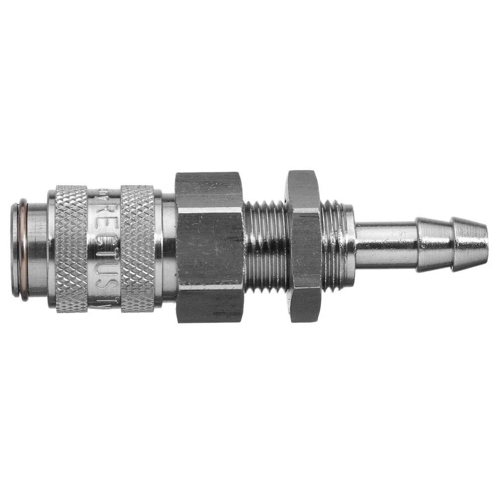 9226 21 04 by Parker | Legris Coupler Quick Disconnect w/ Panel Mount | 4 mm Hose Barb x M10x1 Metric Thread | 14 mm Hex | 14 mm Hex | 60 mm Length | Straight | Nickel-Plated Brass | Pack of 5