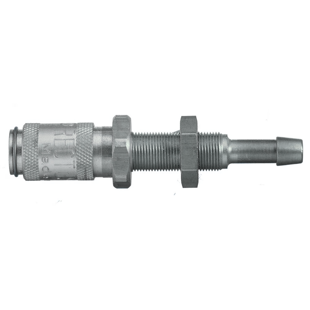 9226 20 03 by Parker | Legris Coupler Quick Disconnect w/ Panel Mount | 3 mm Hose Barb x M7x0.5 Metric Thread | 12 mm Hex | 11 mm Hex (1) | 51 mm Length | Straight | Nickel-Plated Brass | Pack of 5