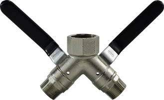 947126 by Midland | Full Port 3-Way Ball Valve | Vented | 1" Female NPT Inlet x 3/4" Male NPT Outlets | Wye | Nickel Plated Brass