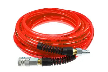 PFE6100TRS59C by Coilhose | Flexeel® Reinforced Hose | 3/8" Hose ID | 9/16" Hose OD | 3/8" Coupler & Connector with Reusable Strain Relief & Quick Connect Fittings | Automotive | 100ft | Transparent Red | Straight | Polyurethane