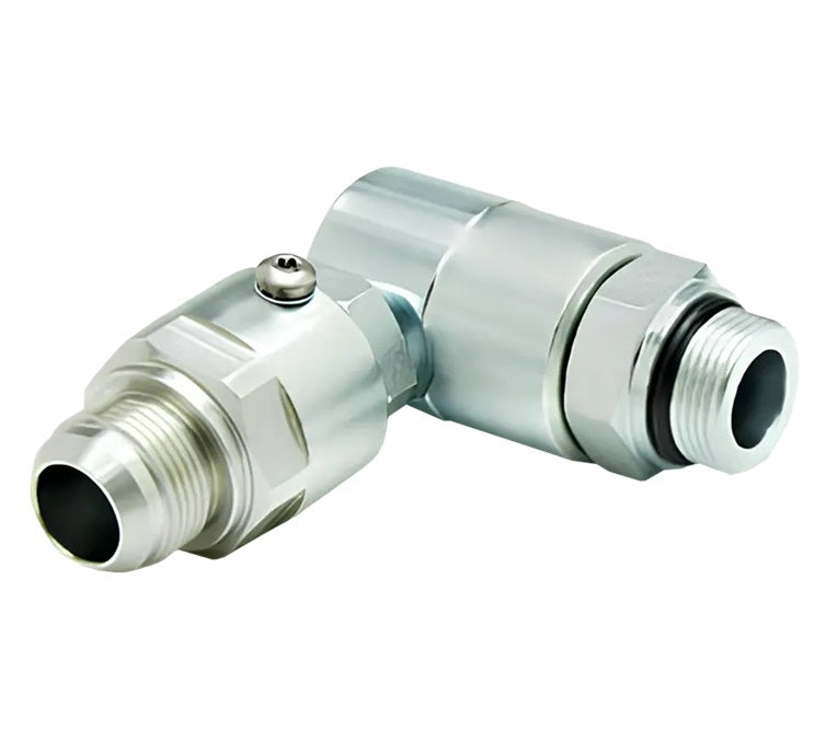 9DP8MO10XMJ10-Z-AL by Super Swivel | DP6921-Z-AL | Dual Plane Swivel | 7/8-14 Male O-Ring ORB x 7/8-14 Male 37° JIC | 0.297" Through Hole | 90° Elbow | Zinc | AFLAS Seal