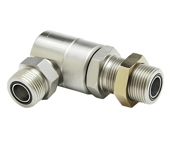 9SS4MFSB6XMFS6-NI-V by Super Swivel | 7803-NI-V | 11/16-16 Male Face Seal Bulkhead MFSB x 11/16-16 Male Face Seal MFS | 0.250" Through Hole | 90° Elbow | Electroless Nickel | Viton Seal