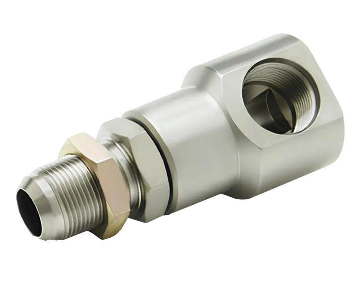 9SS8MJB10XFO8-Z-AL by Super Swivel | 5321-Z-AL | 7/8-14 Male 37° JIC Bulkhead x 3/4-16 Female O-Ring ORB | 0.484" Through Hole | 90° Elbow | Zinc | AFLAS Seal
