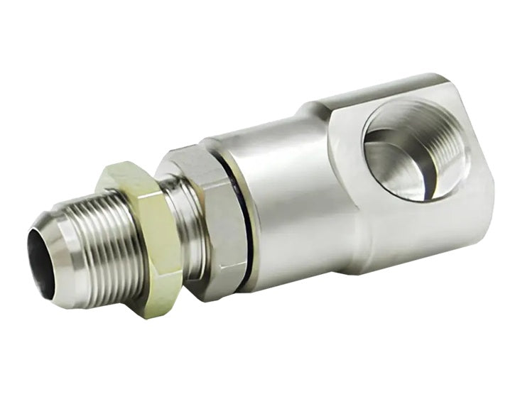 9SS8MJB10XFP50-Ni-AL by Super Swivel | 6134-Ni-AL | 7/8-14 Male 37° JIC Bulkhead x 1/2-14 Female Pipe NPTF | 0.484" Through Hole | 90° Elbow | Electroless Nickel | AFLAS Seal