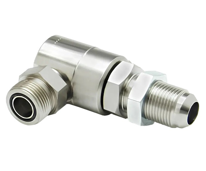 9SS20MJB20XMFS20-NI-AL by Super Swivel | 8384-NI-AL | 1-5/8-12 Male 37° JIC Bulkhead x 1-11/16-12 Male Face Seal MFS | 0.718" Through Hole | 90° Elbow | Electroless Nickel | AFLAS Seal