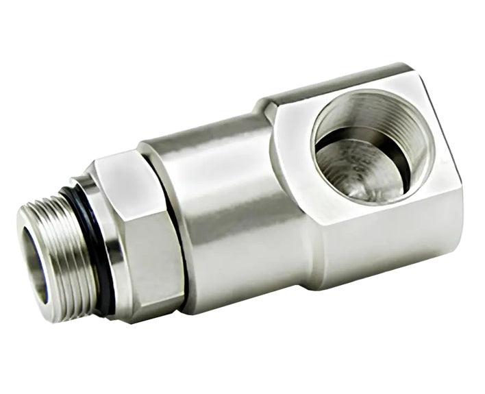 9SS8MO8XFP50-Ni-ETP by Super Swivel | 5635-Ni-ETP | 3/4-16 Male O-Ring ORB x 1/2-14 Female Pipe NPTF | 0.391" Through Hole | 90° Elbow | Electroless Nickel | Extreme Viton® Seal