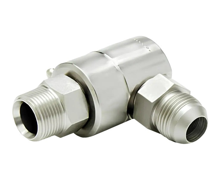 9SS8MP50XMJ10-Z-AL by Super Swivel | 6831-Z-AL | 1/2-14 Male Pipe NPTF x 7/8-14 Male 37° JIC | 0.297" Through Hole | 90° Elbow | Zinc | AFLAS Seal