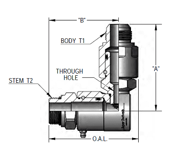 9DP4MO4XMJ4-Z-V by Super Swivel | DP6970-Z-V | Dual Plane Swivel | 7/16-20 Male O-Ring ORB x 7/16-20 Male 37° JIC | 0.172" Through Hole | 90° Elbow | Zinc | Viton Seal
