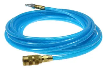 PFE6100T15X by Coilhose | Flexeel® Reinforced Hose | 3/8" Hose ID | 9/16" Hose OD | 1/4" Six Ball Coupler & Connector with Quick Connect Fittings | Industrial | 100ft | Transparent Blue | Straight | Polyurethane