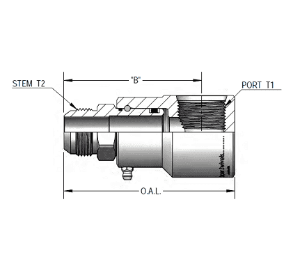 9SS12MJ12XFO12-Z-V by Super Swivel | 5230-Z-V | 1-1/16-12 Male 37° JIC x 1-1/16-12 Female O-Ring ORB | 0.609" Through Hole | 90° Elbow | Zinc | Viton Seal