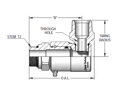9SS20MO20XMP125-Z-AL by Super Swivel | 7371-Z-AL | 1-5/8-12 Male O-Ring ORB x 1-1/4-11-1/2 Male Pipe NPTF | 0.827" Through Hole | 90° Elbow | Zinc | AFLAS Seal