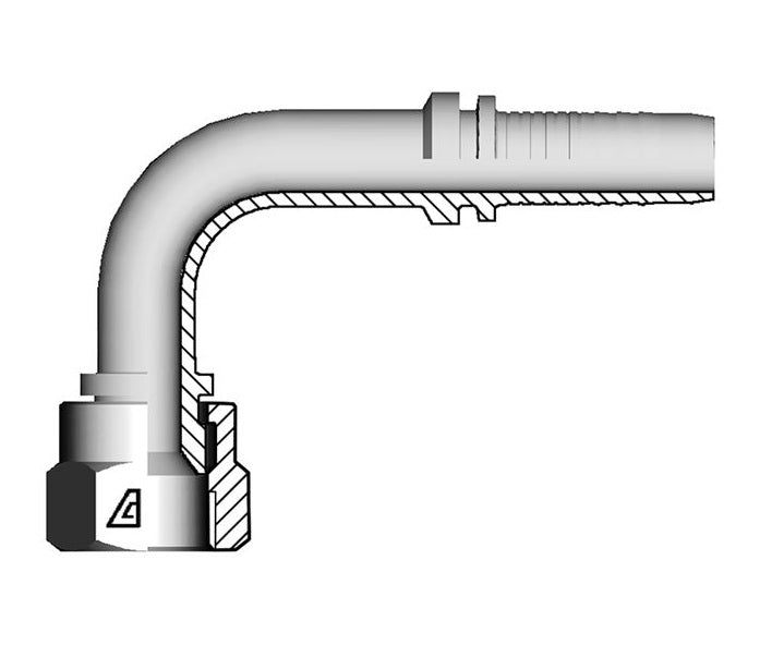 A-0606-FJ9M-SS Alfagomma by Kuriyama | A Series | Two-Piece Hydraulic Hose Fitting | 90° Elbow | Medium Drop | -06 Hose ID x -06 Female JIC 37° Swivel | Stainless Steel