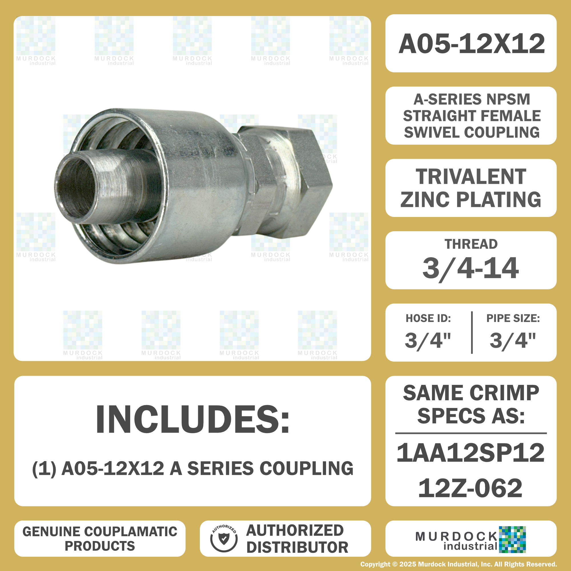 A05-12x12 by Couplamatic | A Series Coupling | 3/4" Hose ID x 3/4-14 Thread Female Swivel NPSM | Straight