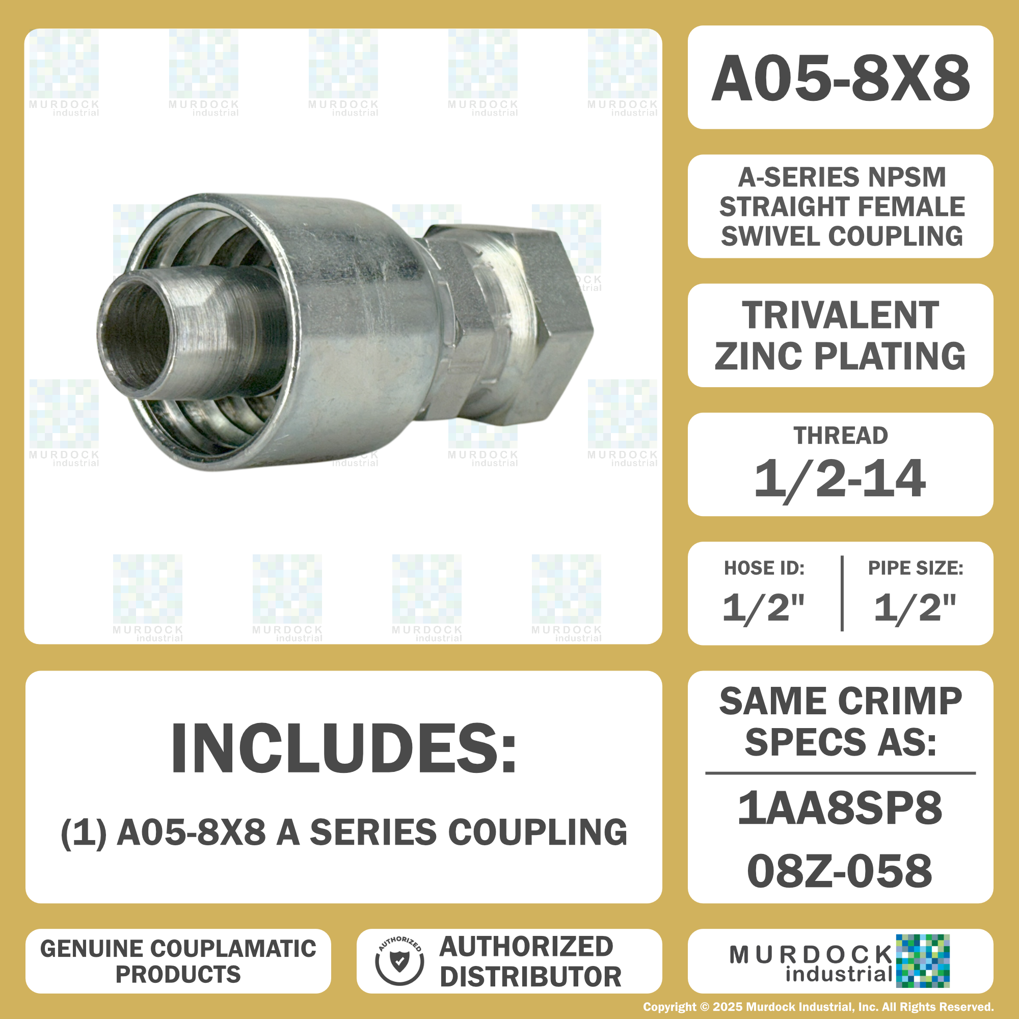 A05-8x8 by Couplamatic | A Series Coupling | 1/2" Hose ID x 1/2-14 Thread Female Swivel NPSM | Straight