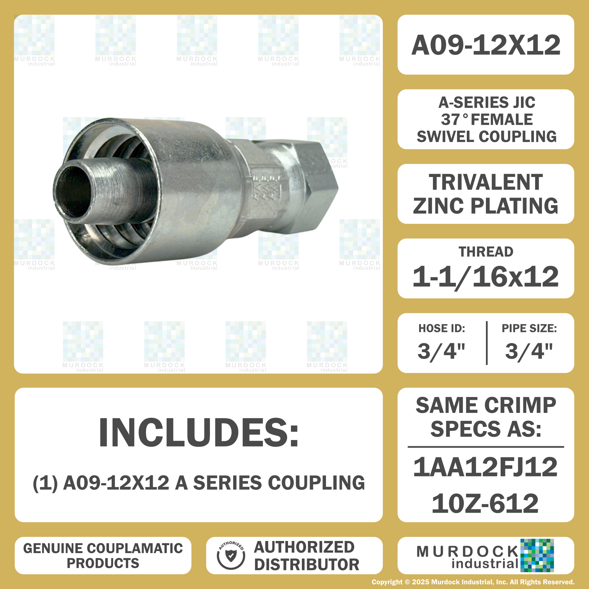 A09-12x12 by Couplamatic | A Series Coupling | 3/4" Hose ID x 1-1/16x12 Thread JIC 37° Female Swivel | Straight