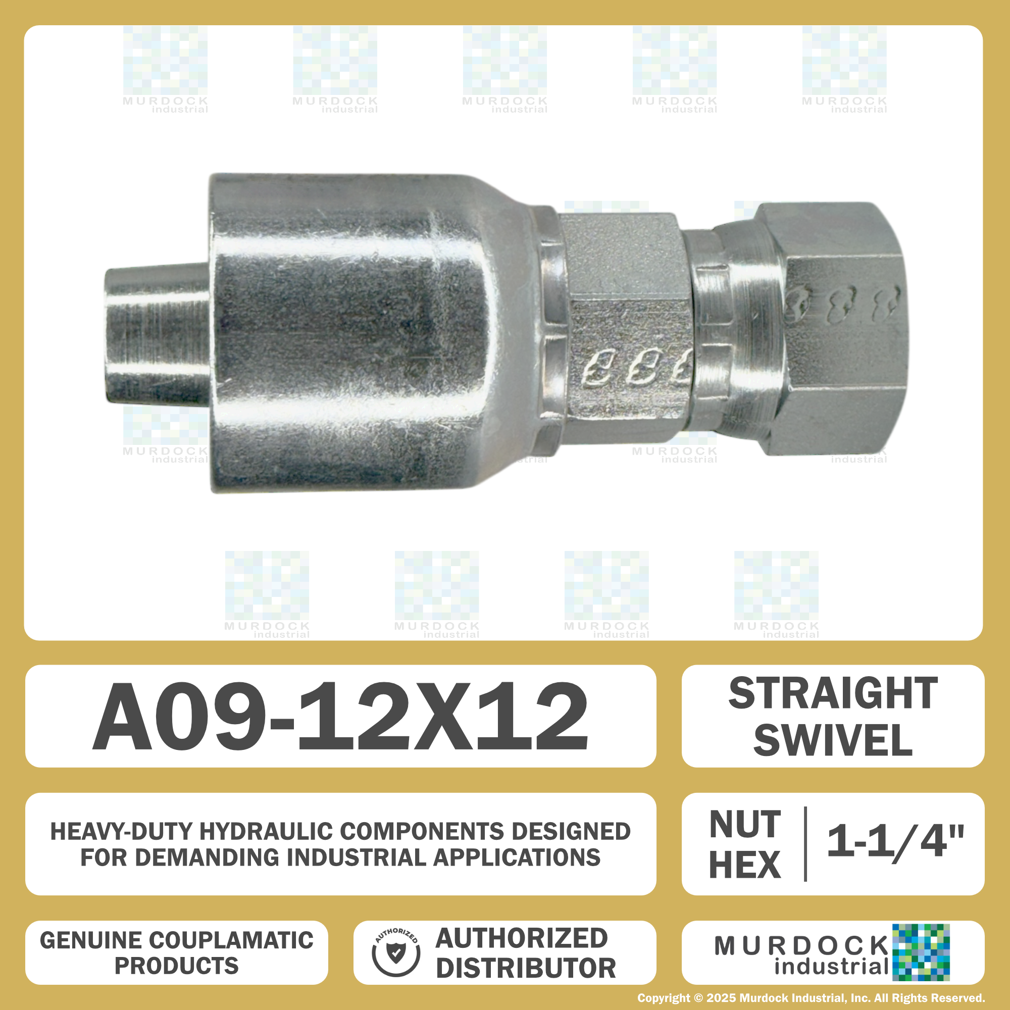 A09-12x12 by Couplamatic | A Series Coupling | 3/4" Hose ID x 1-1/16x12 Thread JIC 37° Female Swivel | Straight