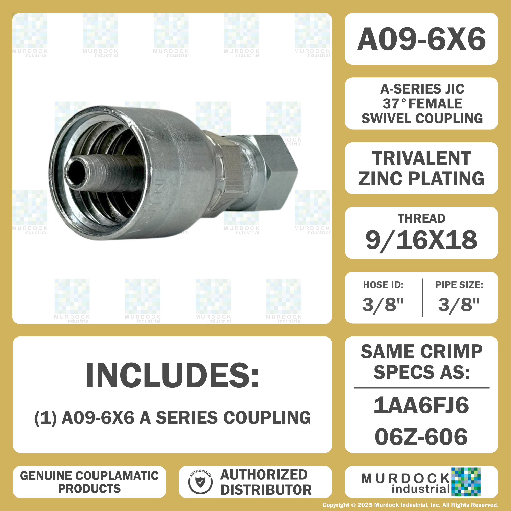 A09-6x6 by Couplamatic | A Series Coupling | 3/8" Hose ID x 9/16x18 Thread JIC 37° Female Swivel | Straight