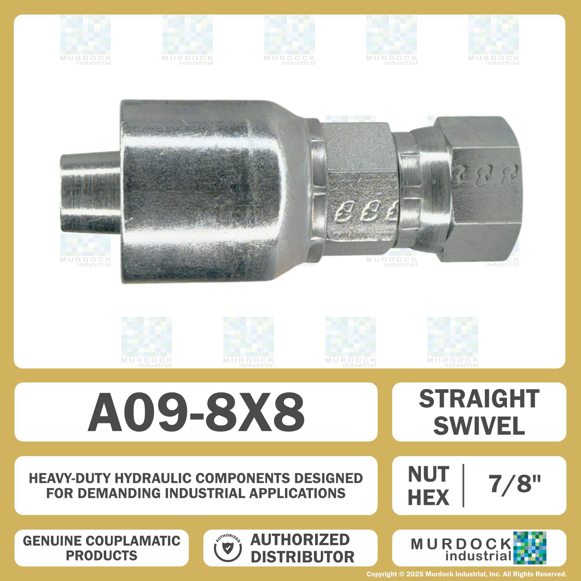 A09-8x8 by Couplamatic | A Series Coupling | 1/2" Hose ID x 3/4x16 Thread JIC 37° Female Swivel | Straight