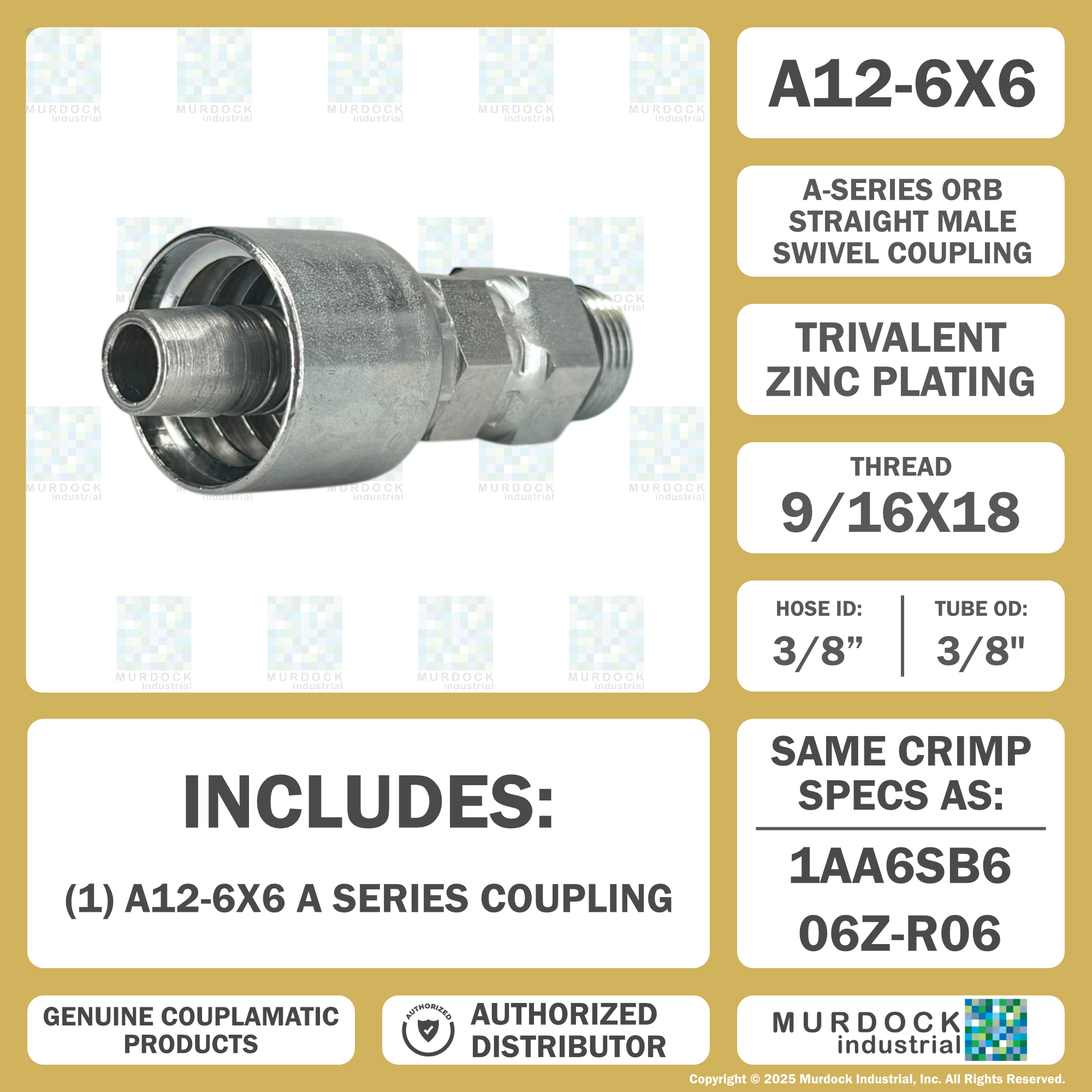 A12-6x6 by Couplamatic | A Series Coupling | 3/8" Hose ID x 9/16x18 Thread ORB Male Swivel | Straight