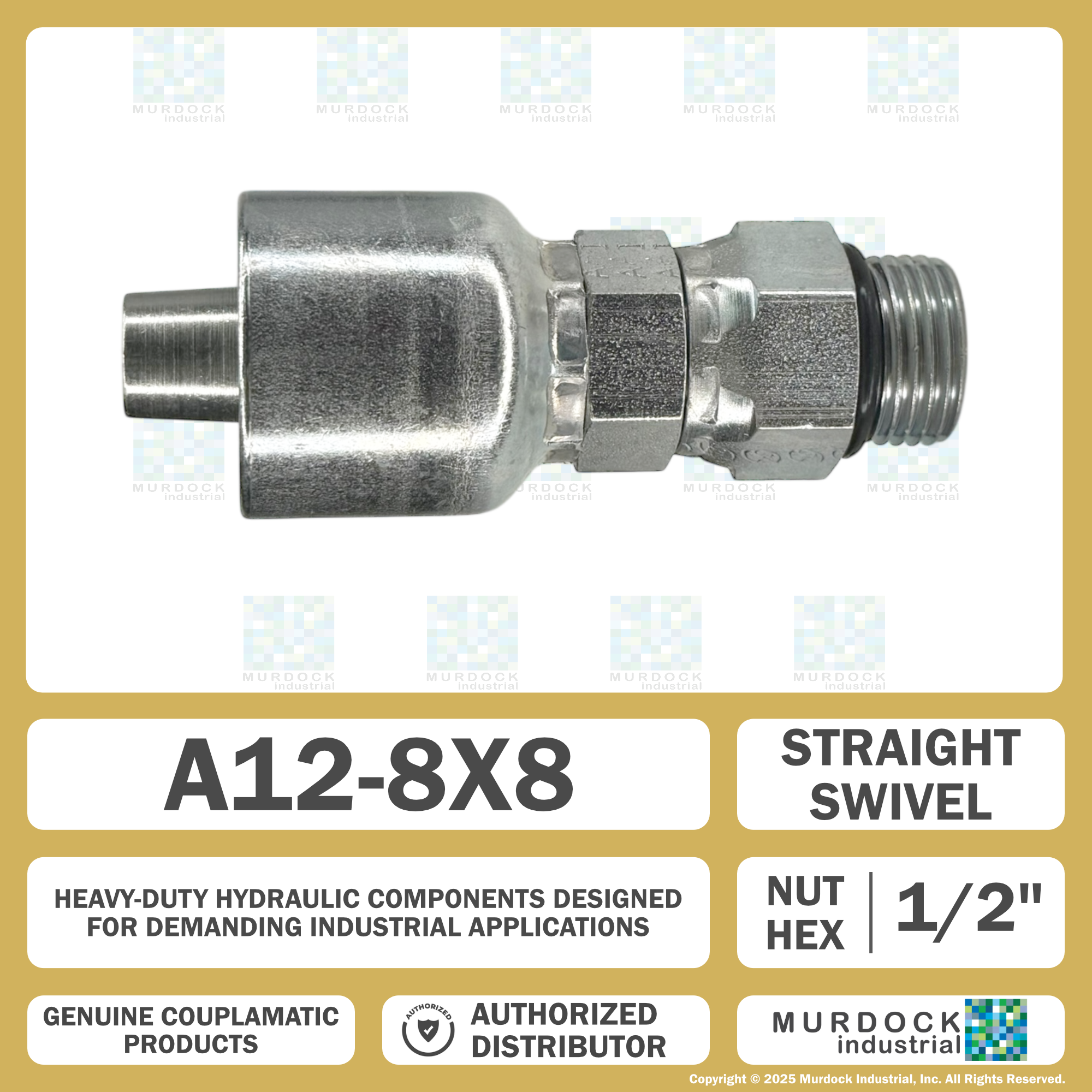 A12-8x8 by Couplamatic | A Series Coupling | 1/2" Hose ID x 3/4x16 Thread ORB Male Swivel | Straight