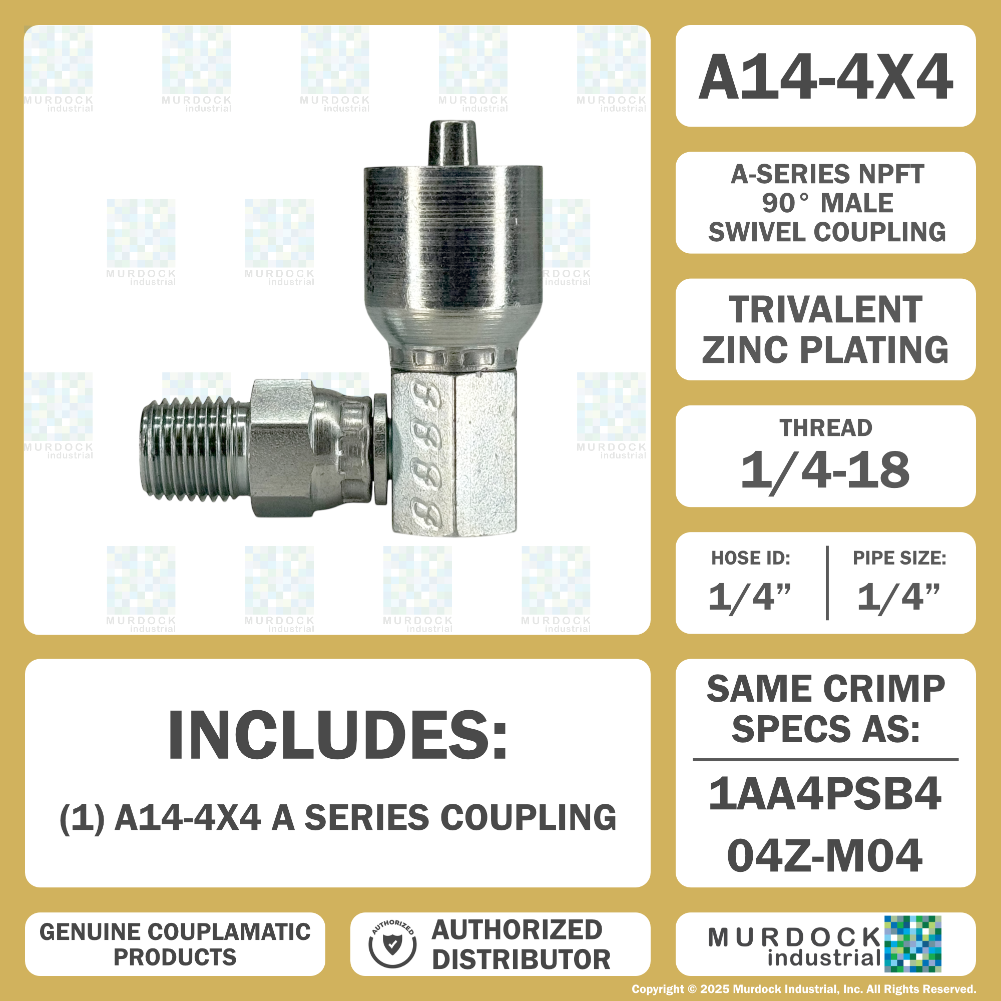 A14-4x4 by Couplamatic | A Series Coupling | 1/4" Hose ID x 1/4-18 Thread Male Swivel NPTF | 90° Elbow