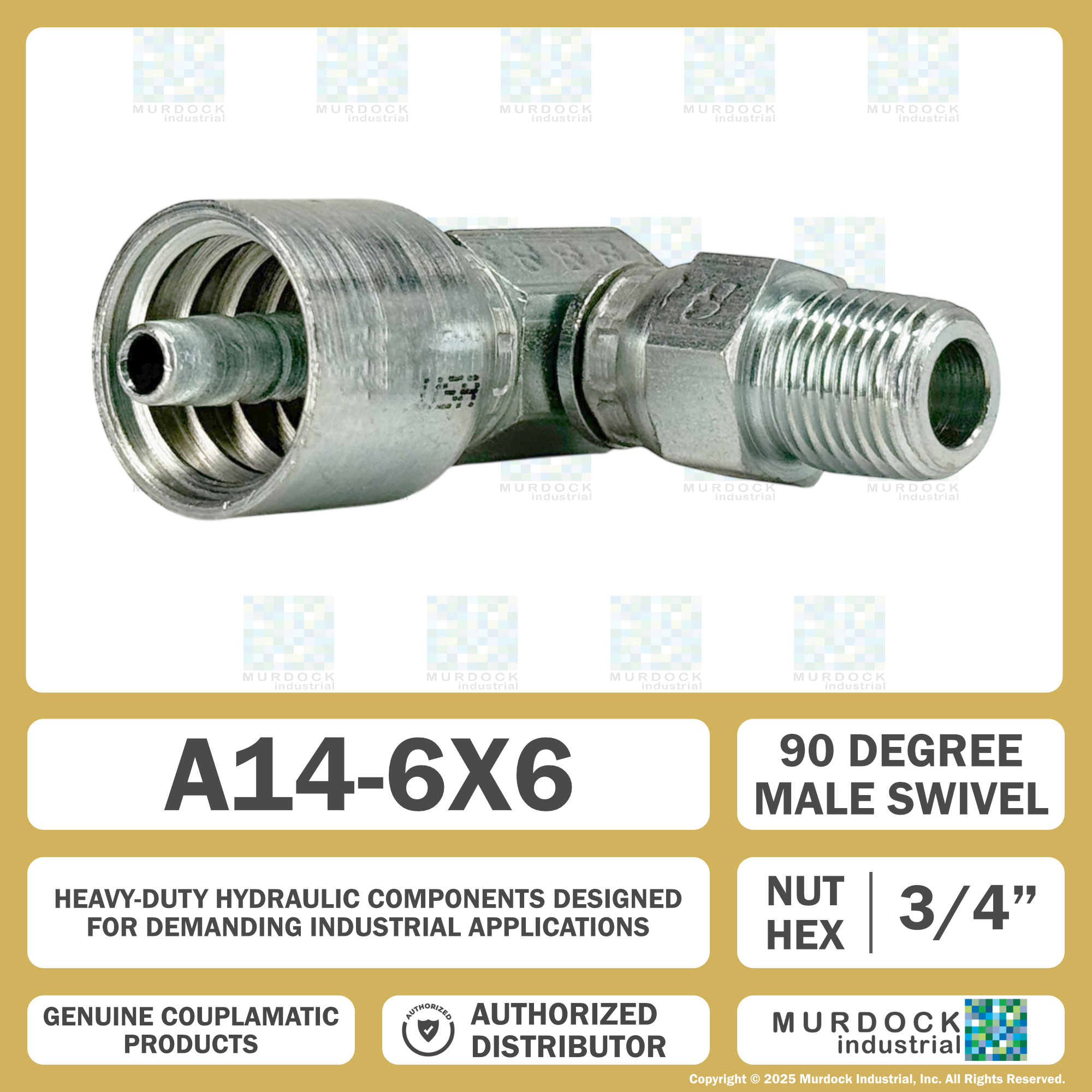 A14-6x6 by Couplamatic | A Series Coupling | 3/8" Hose ID x 3/8-18 Thread NPTF Male Swivel | 90° Elbow