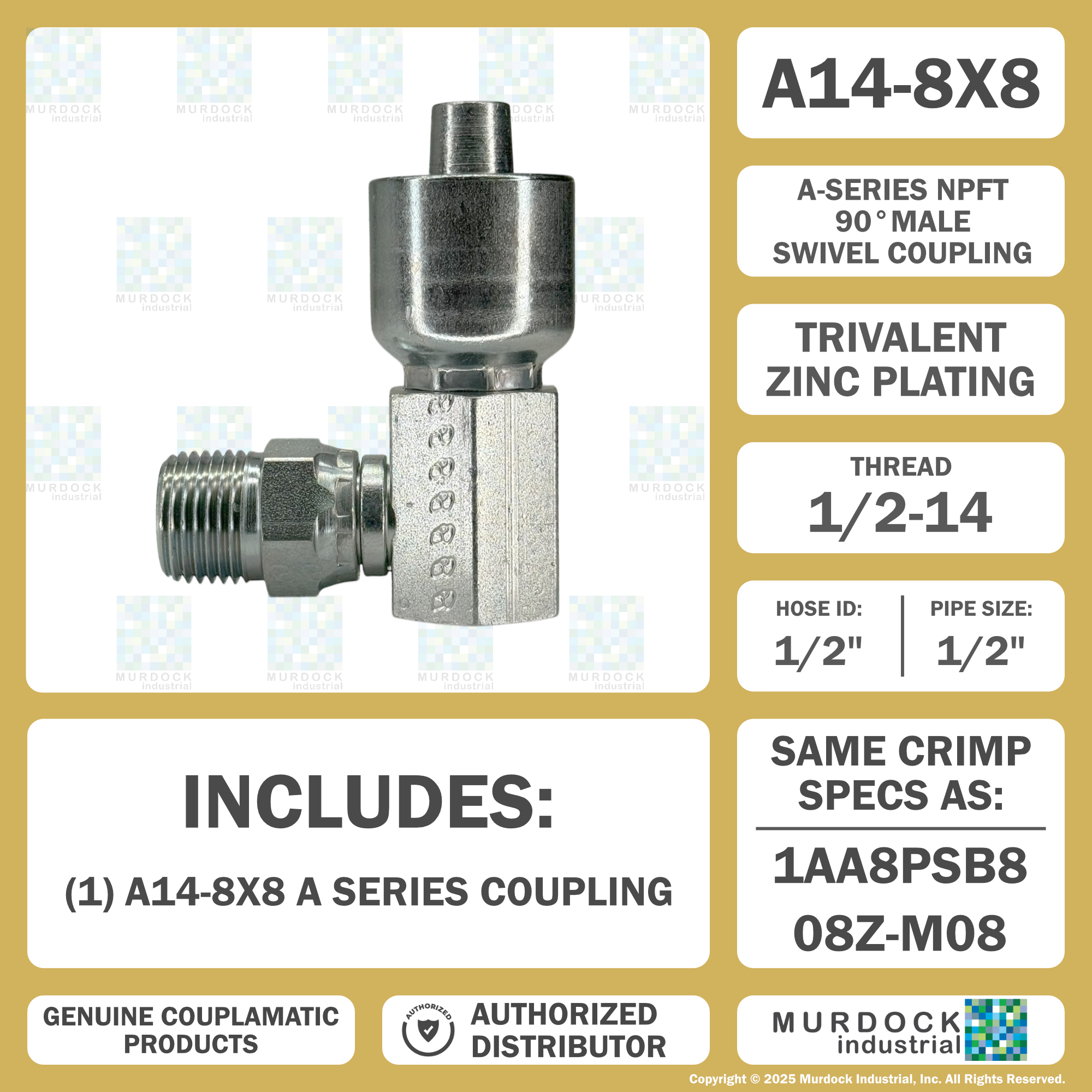 A14-8x8 by Couplamatic | A Series Coupling | 1/2" Hose ID x 1/2-14 Thread Male Swivel NPTF | 90° Elbow