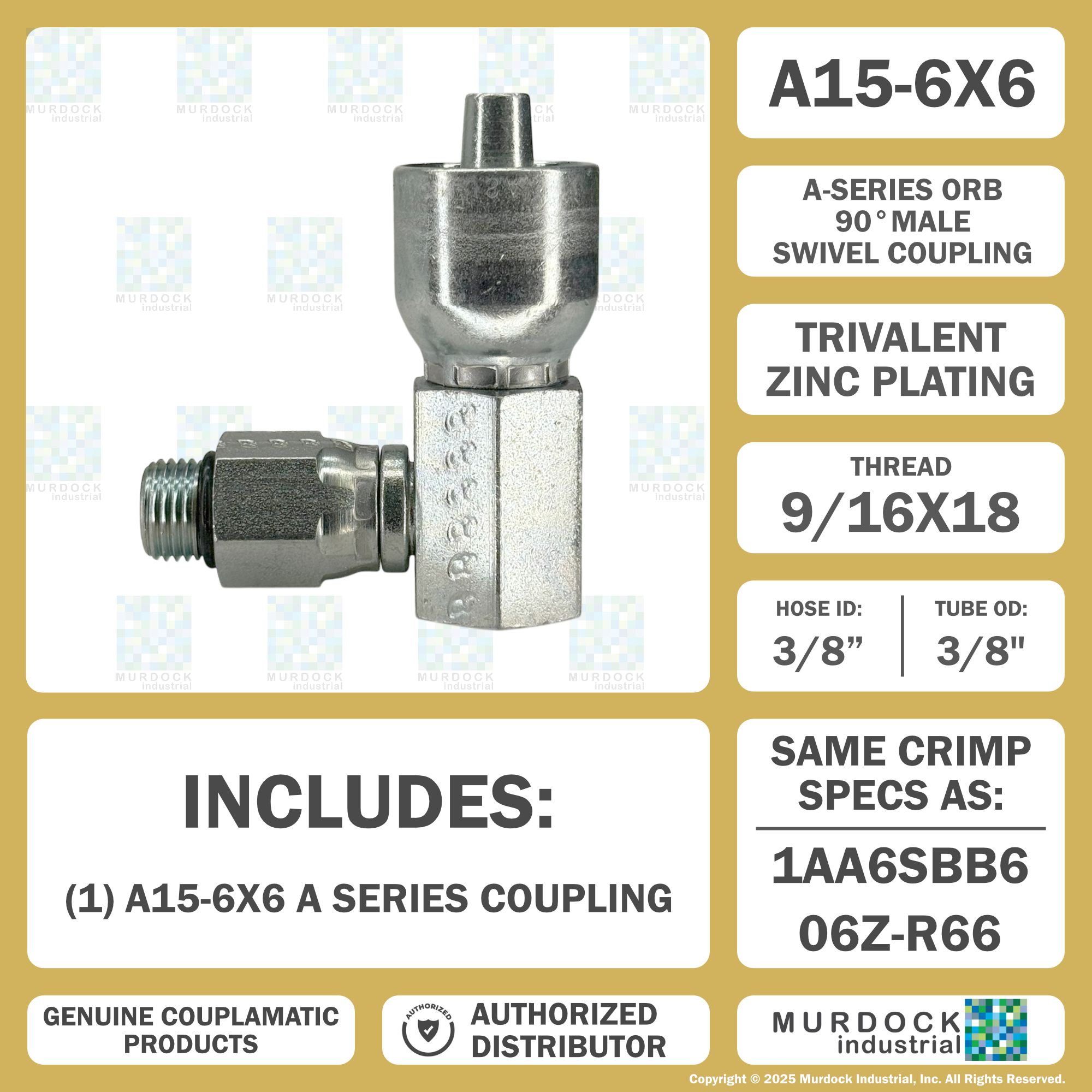 A15-6x6 by Couplamatic | A Series Coupling | 3/8" Hose ID x 9/16x18 Thread ORB Male Swivel | 90° Elbow
