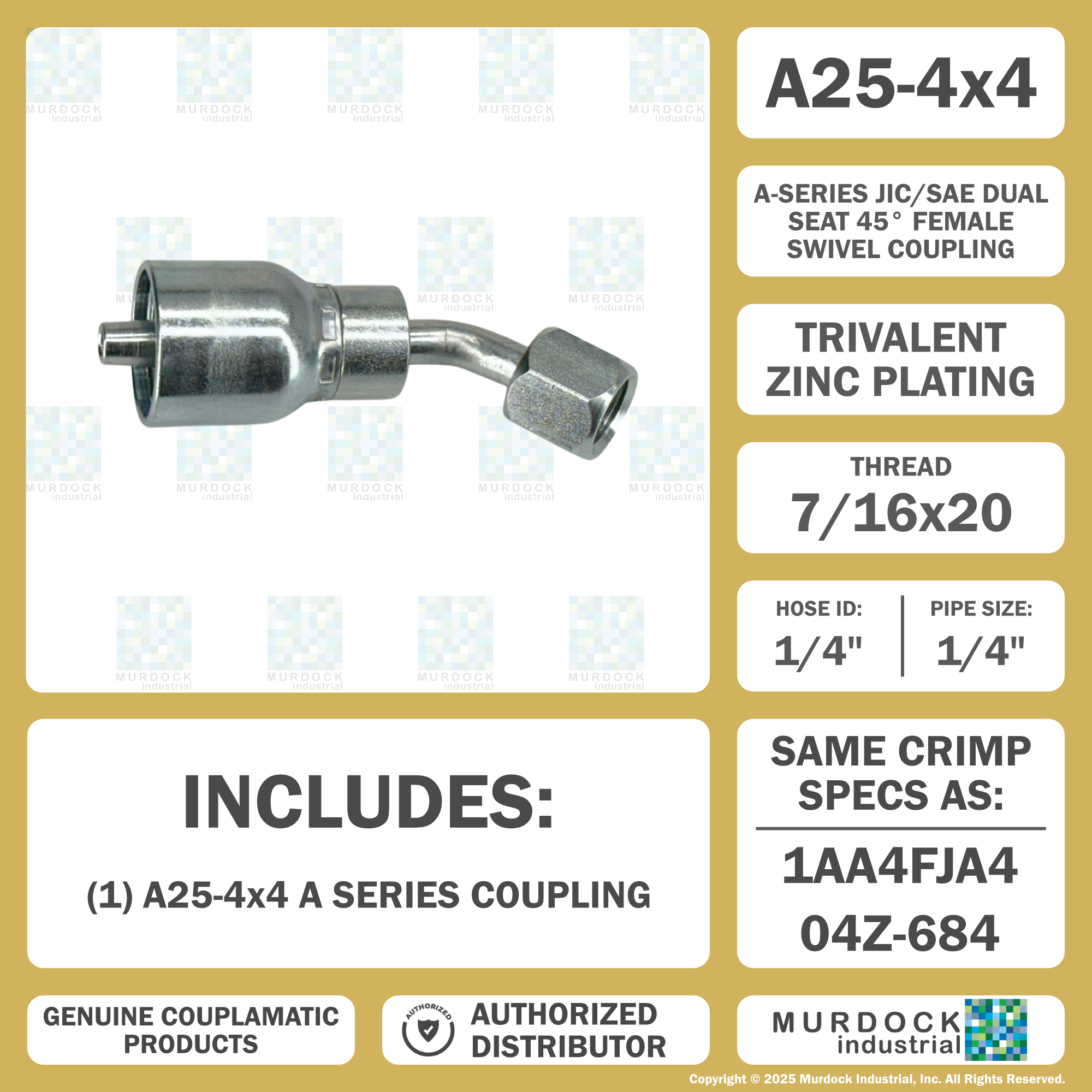 A25-4x4 by Couplamatic | A Series Coupling | 1/4" Hose ID x 7/16x20 Thread JIC/SAE Dual Seat Female Swivel | 45° Elbow