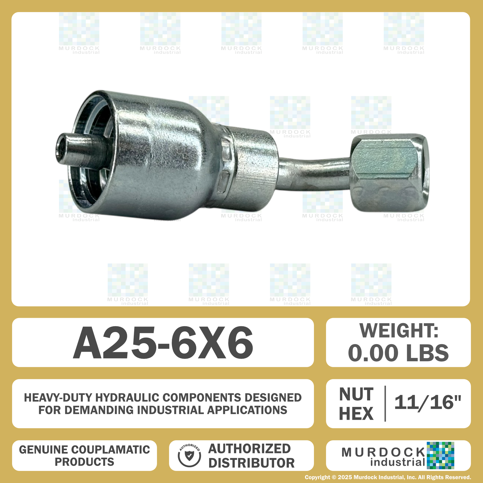 A25-6x6 by Couplamatic | A Series Coupling | 3/8" Hose ID x 9/16x18 Thread JIC Seat Female Swivel | 45° Elbow