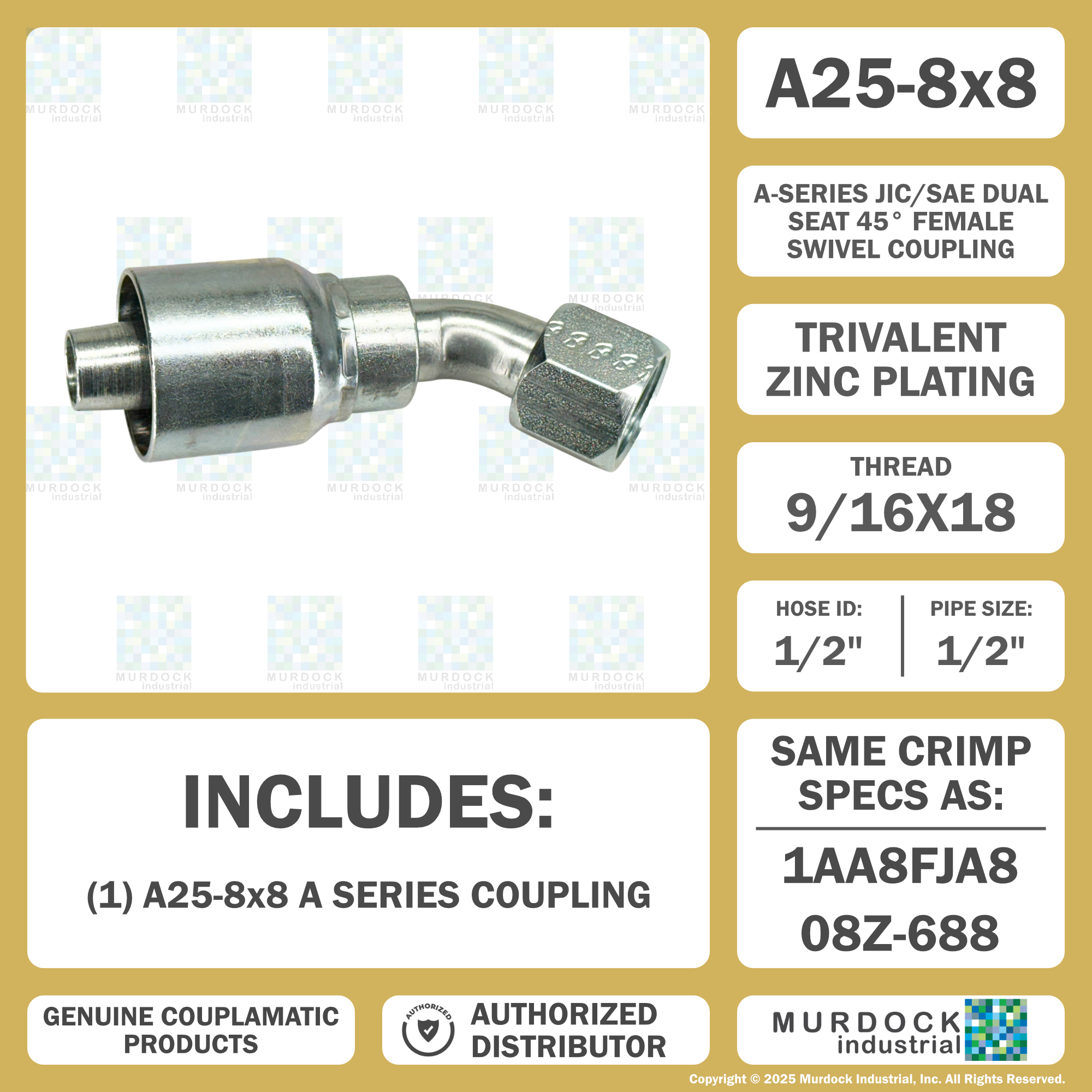A25-8x8 by Couplamatic | A Series Coupling | 1/2" Hose ID x 3/4x16 Thread JIC/SAE Dual Seat Female Swivel | 45° Elbow