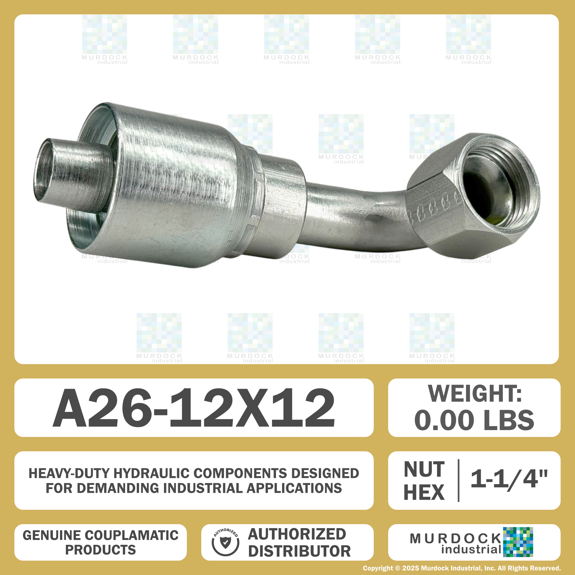 A26-12x12 by Couplamatic | A Series Coupling | 3/4" Hose ID x 1-1/16x12 Thread JIC Seat Female Swivel | 90° Elbow