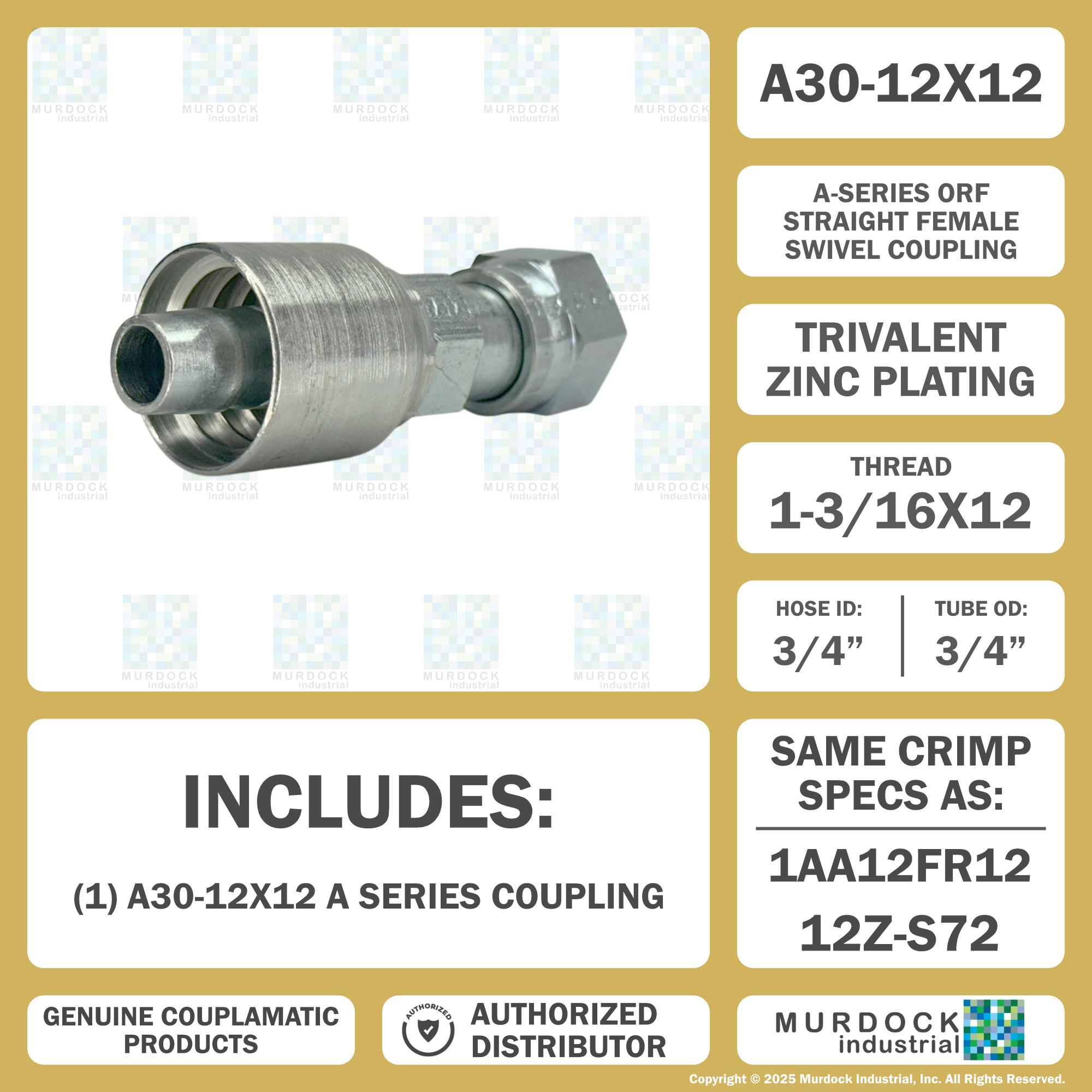 A30-12x12 by Couplamatic | A Series Coupling | 3/4" Hose ID x 1-3/16x12 Thread O-Ring Face Seal | ORF Female Swivel | Straight