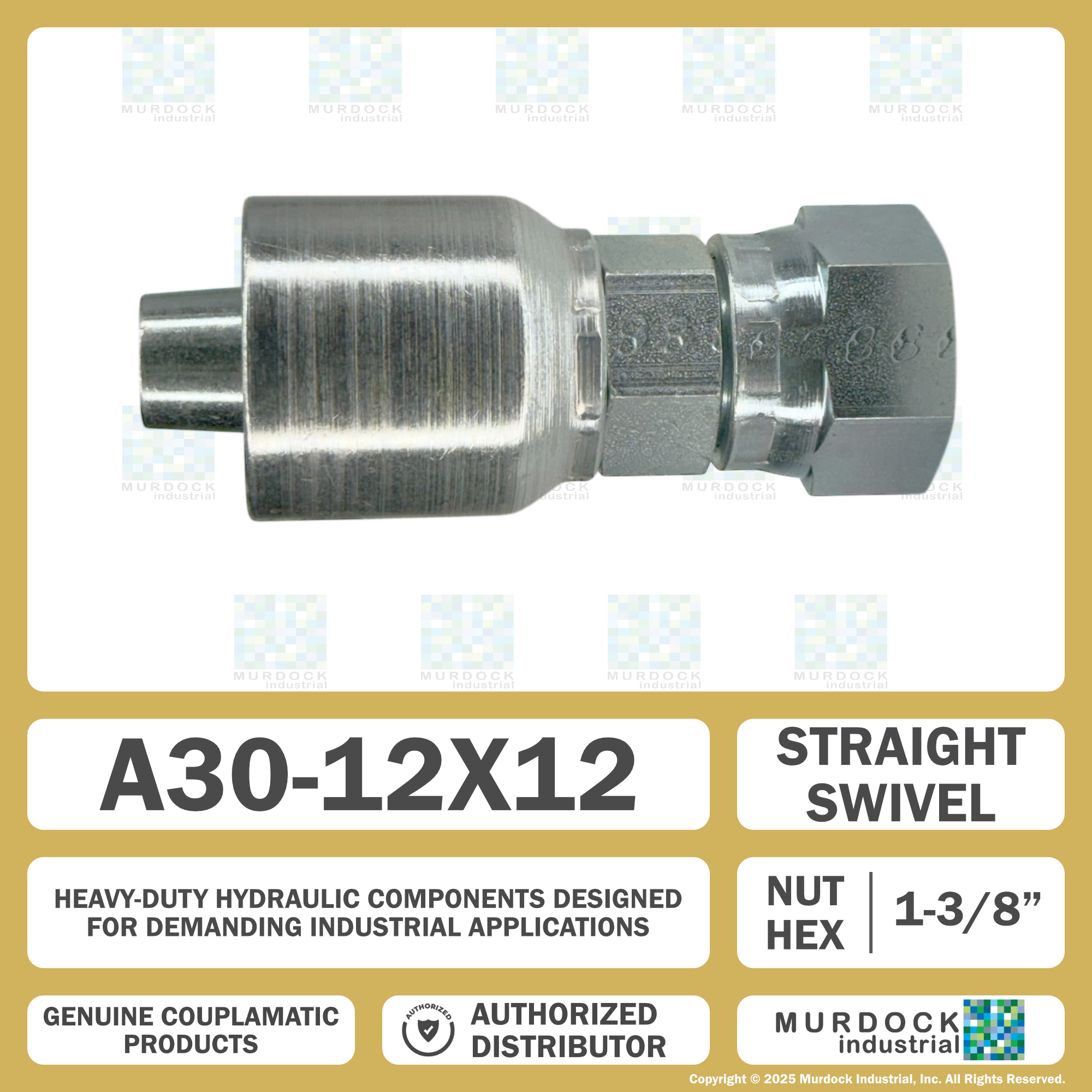 A30-12x12 by Couplamatic | A Series Coupling | 3/4" Hose ID x 1-3/16x12 Thread O-Ring Face Seal | ORF Female Swivel | Straight