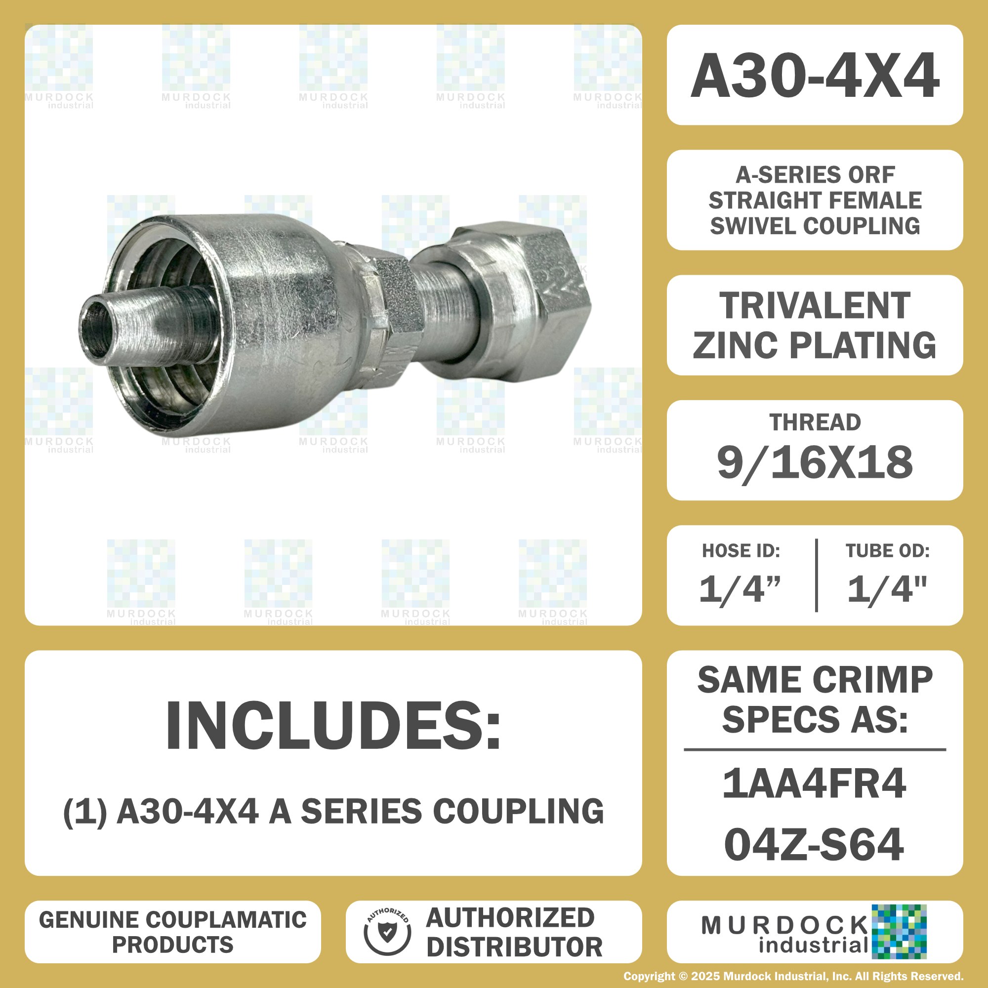 A30-4x4 by Couplamatic | A Series Coupling | 1/4" Hose ID x 9/16x18 Thread O-Ring Face Seal | ORF Female Swivel | Straight