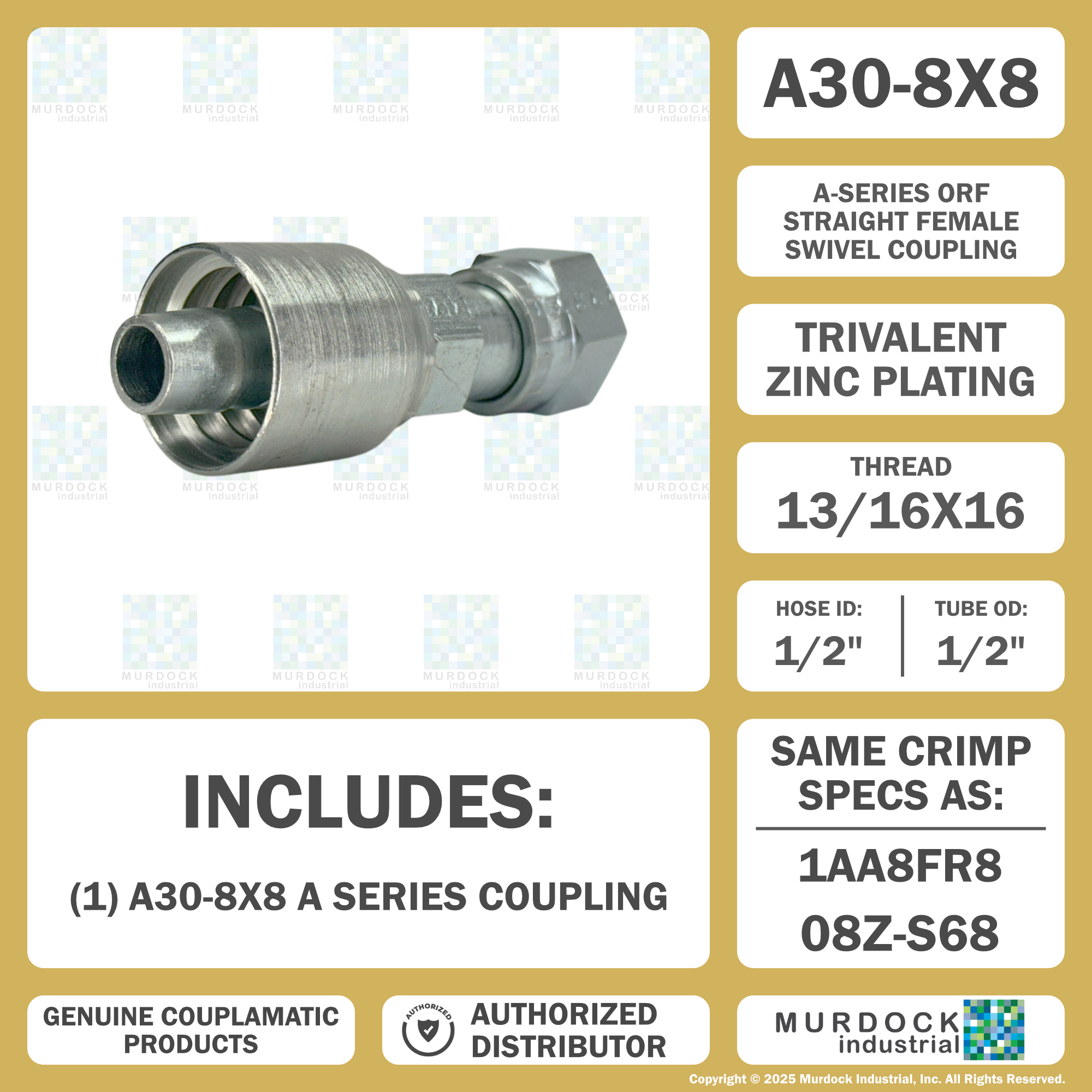 A30-8x8 by Couplamatic | A Series Coupling | 1/2" Hose ID x 13/16x16 Thread O-Ring Face Seal | ORF Female Swivel | Straight