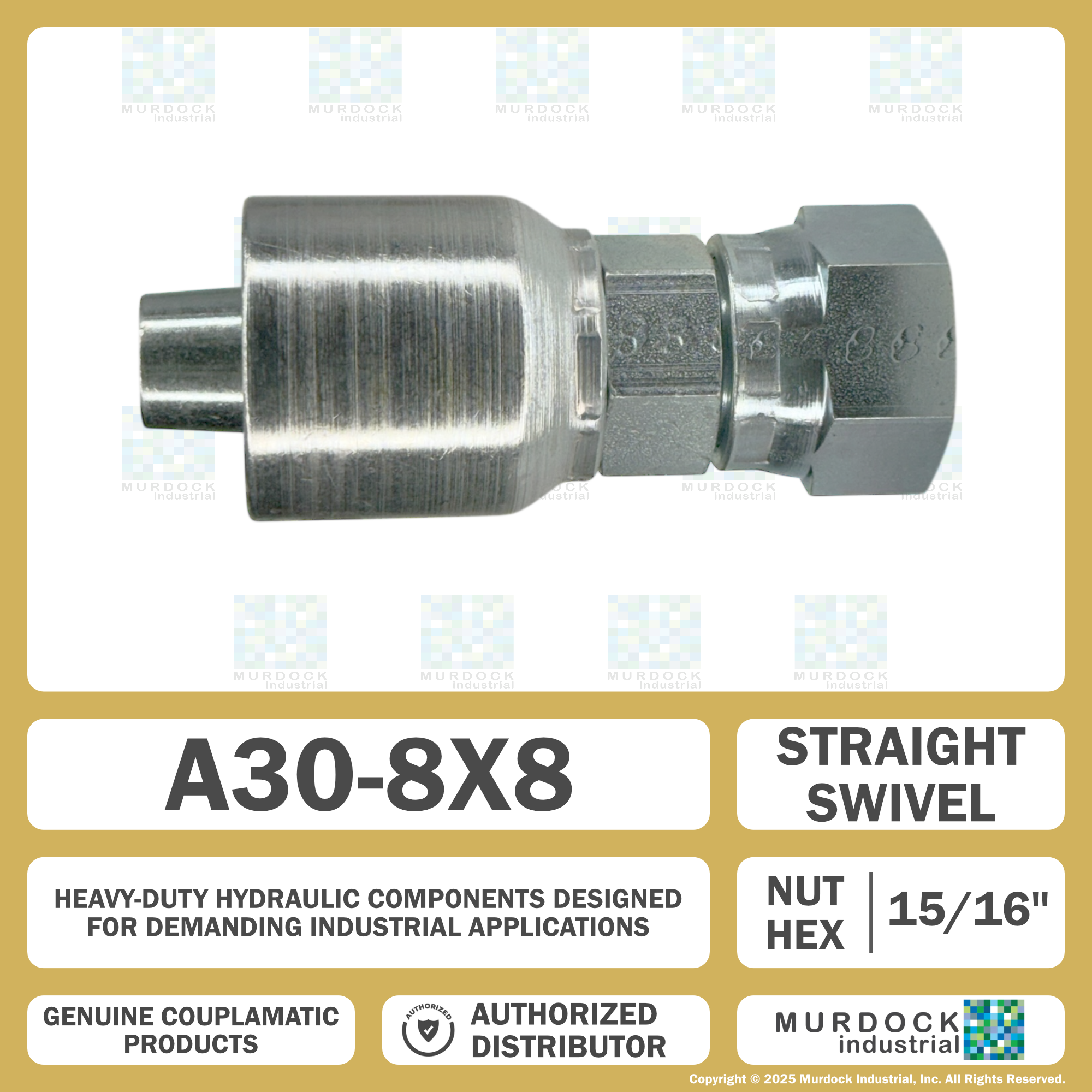 A30-8x8 by Couplamatic | A Series Coupling | 1/2" Hose ID x 13/16x16 Thread O-Ring Face Seal | ORF Female Swivel | Straight
