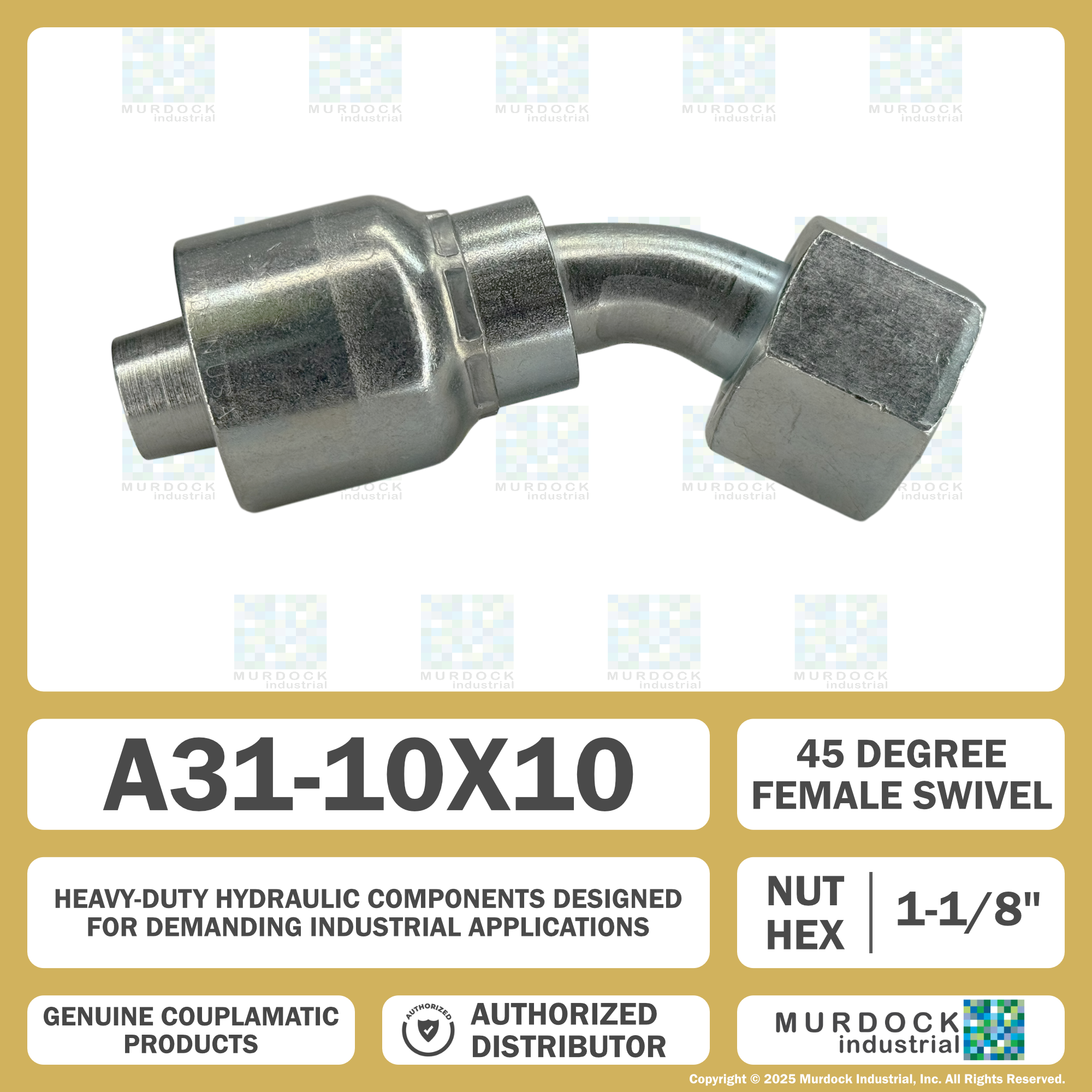 A31-10x10 by Couplamatic | A Series Coupling | 5/8" Hose ID x 1x14 Thread O-Ring Face Seal | ORF Female Swivel | 45° Elbow