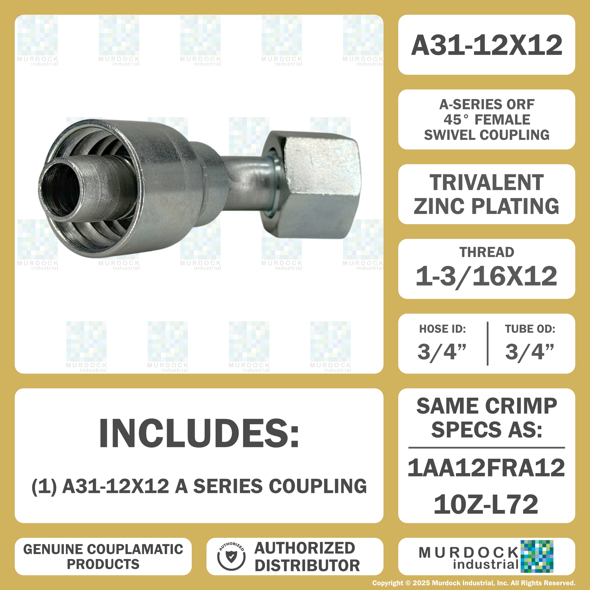 A31-12x12 by Couplamatic | A Series Coupling | 3/4" Hose ID x 1-3/16x12 Thread O-Ring Face Seal | ORF Female Swivel | 45° Elbow