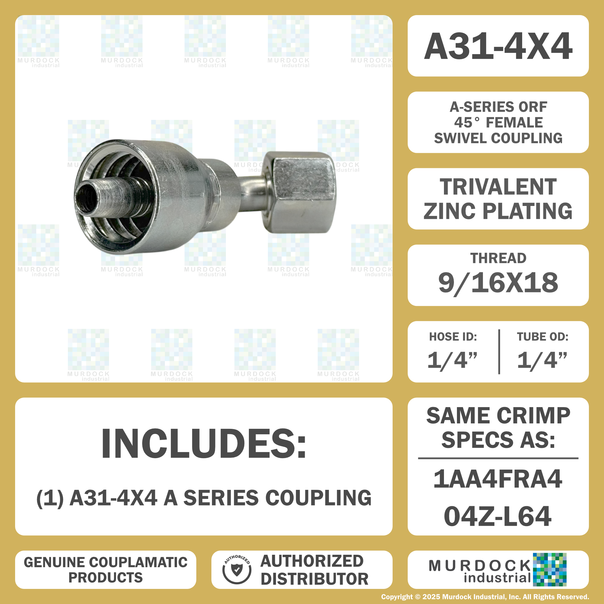 A31-4x4 by Couplamatic | A Series Coupling | 1/4" Hose ID x 9/16x18 Thread O-Ring Face Seal | ORF Female Swivel | 45° Elbow