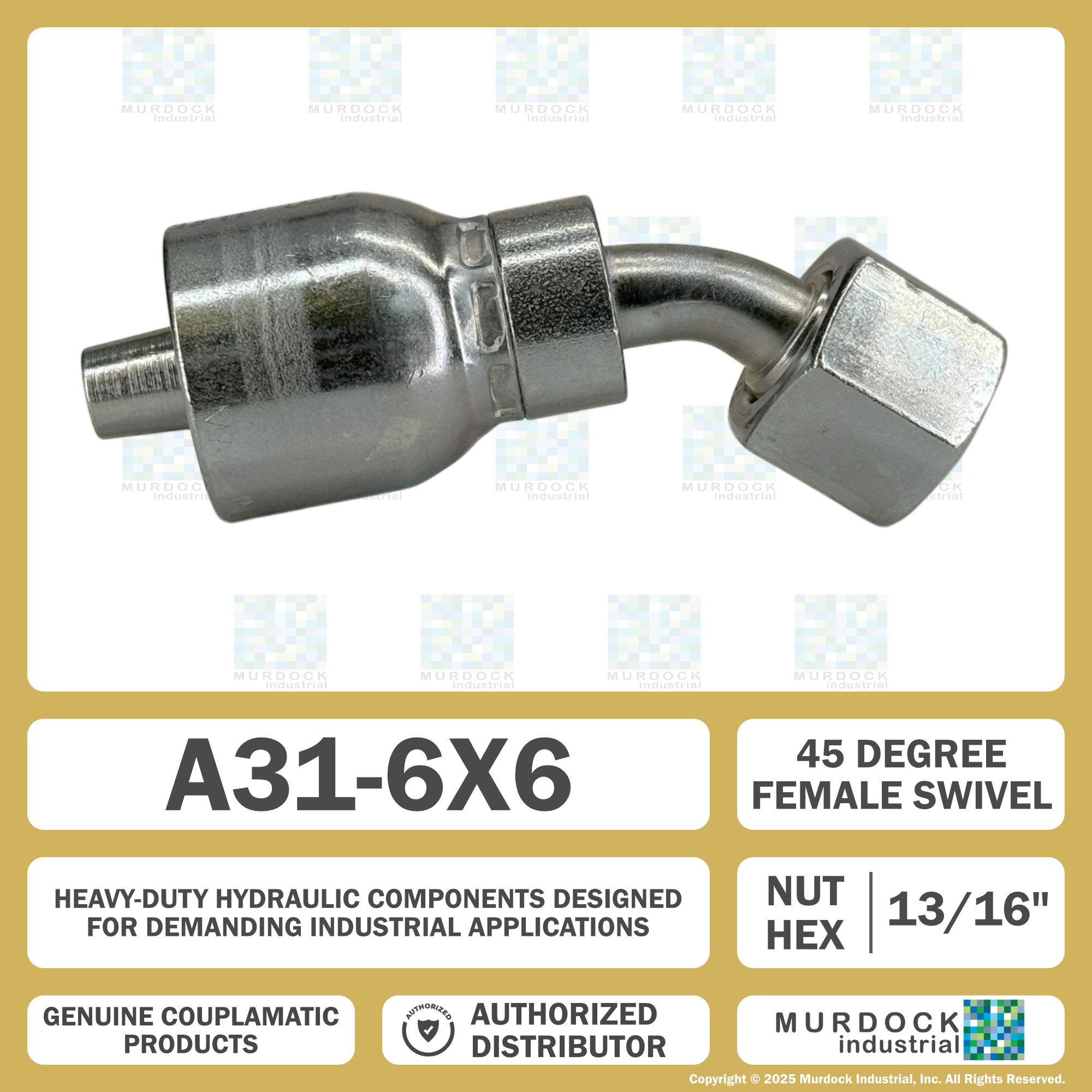 A31-6x6 by Couplamatic | A Series Coupling | 3/8" Hose ID x 11/16x16 Thread O-Ring Face Seal | ORF Female Swivel | 45° Elbow