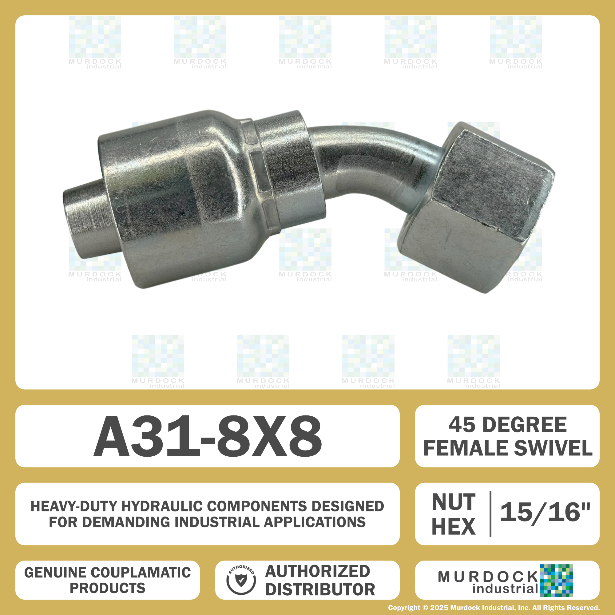 A31-8x8 by Couplamatic | A Series Coupling | 1/2" Hose ID x 13/16x16 Thread O-Ring Face Seal | ORF Female Swivel | 45° Elbow